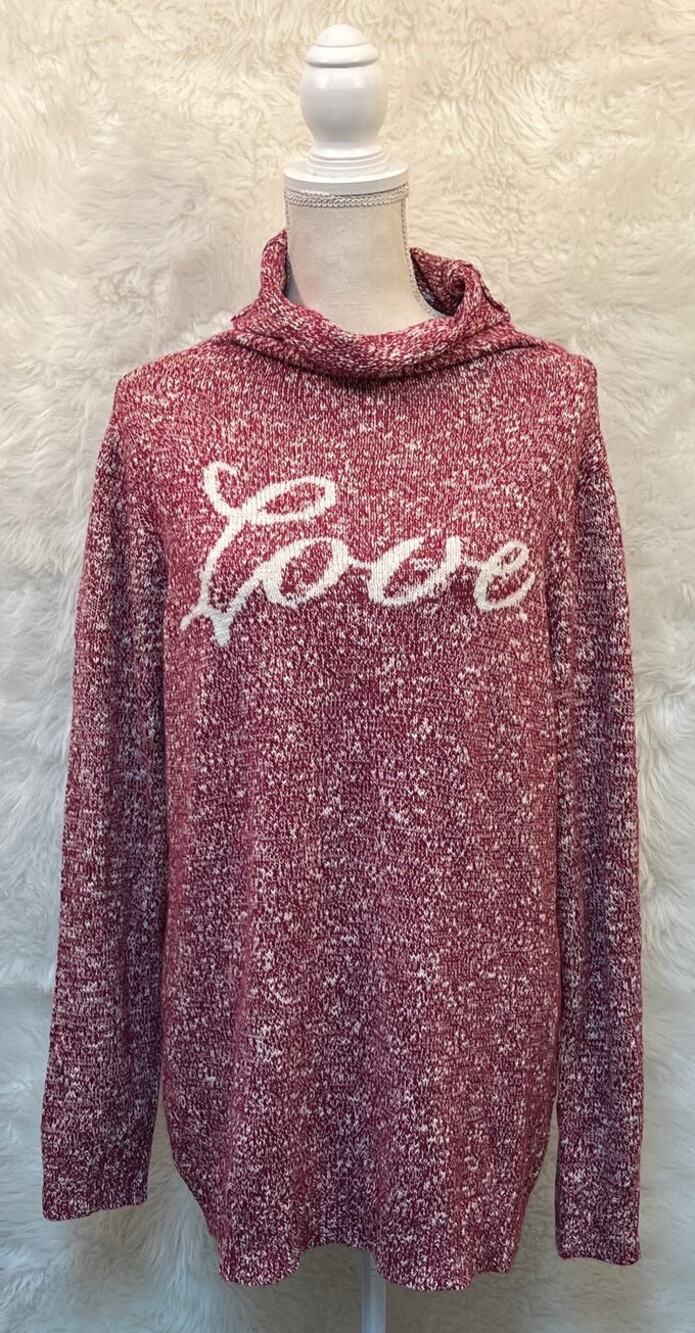 Life is Good Love Sweater Pink White Womens Large Turtleneck Funnel Neck